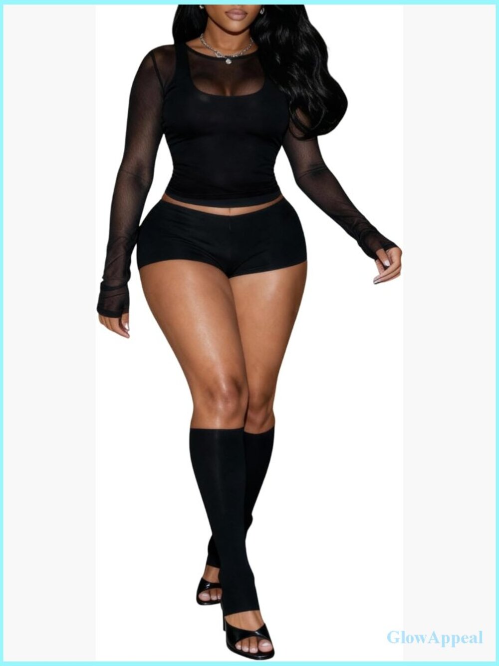 3pc Sheer Mesh Long Sleeve Top Tank Bodycon Short Set Calf Sleeve Going Out